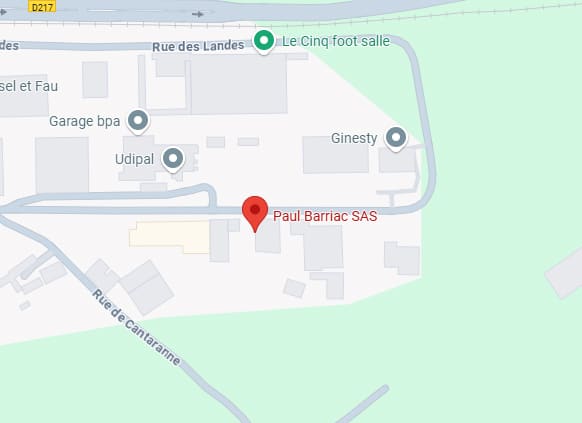 Paul Barriac SAS : Localisation précise sur carte Carte de localisation montrant Paul Barriac SAS épinglé, près de la Rue des Landes et Le Cinq foot salle, avec Rue de Cantaranne en bas.