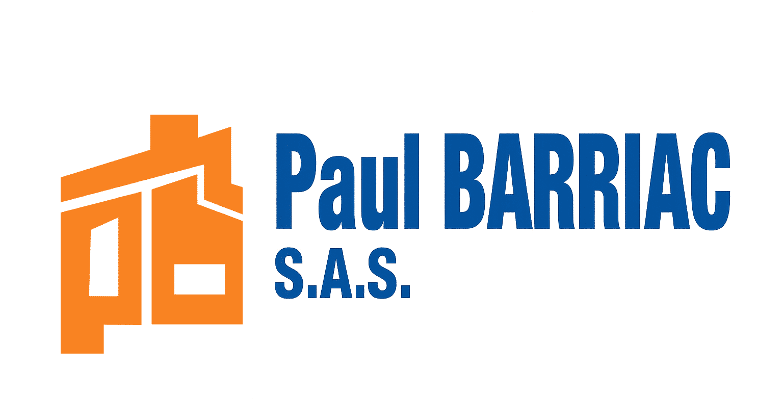 Logo Paul BARRIAC S.A.S. en orange et bleu, représentant un bâtiment stylisé. Marque de société de construction.