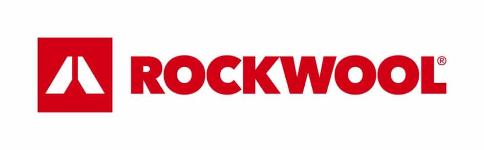 ROCKWOOL : Le logo officiel de la laine de roche et de l'isolation. Logo ROCKWOOL® rouge et blanc. Le symbole graphique représente deux monticules, évoquant la laine de roche et l'isolation.